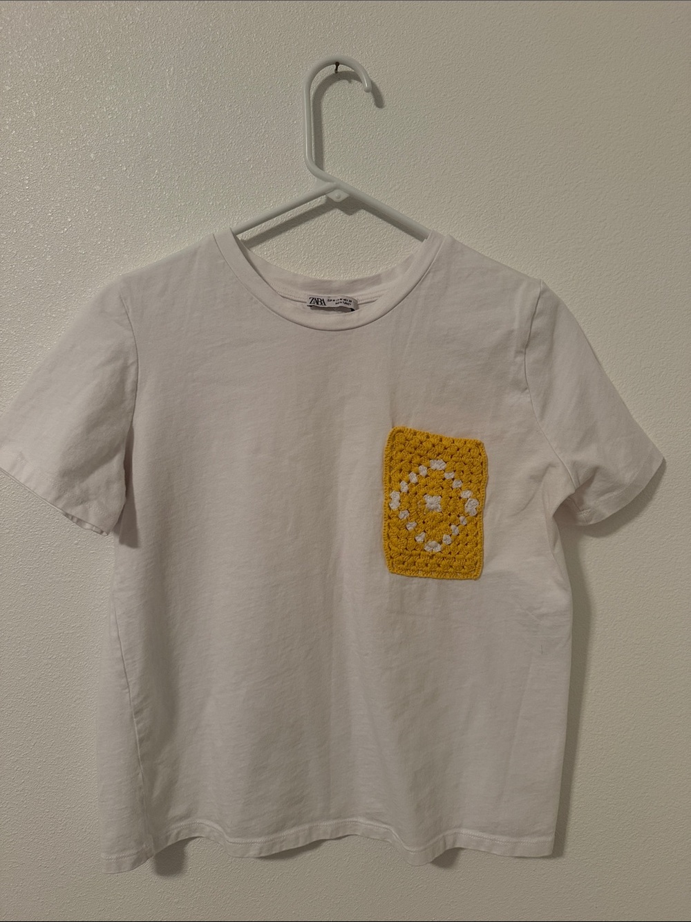 Zara White Short Sleeve Tee with Mustard Crochet Chest Pocket